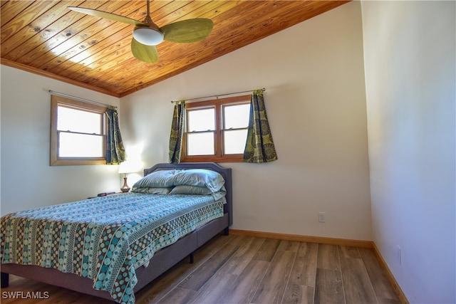 bedroom with wood-type flooring, lofted ceiling, ceiling fan, and wooden ceiling