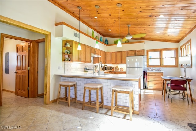 kitchen with kitchen peninsula, tasteful backsplash, wood ceiling, light tile patterned floors, and hanging light fixtures