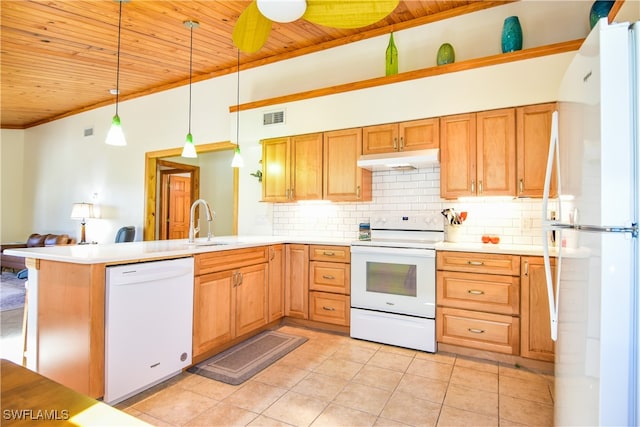 kitchen with kitchen peninsula, white appliances, hanging light fixtures, and wooden ceiling