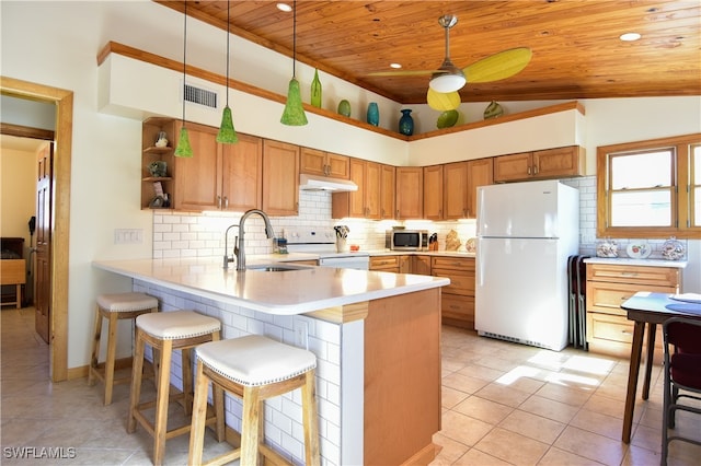 kitchen featuring kitchen peninsula, wood ceiling, white appliances, sink, and decorative light fixtures