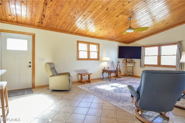 interior space featuring light tile patterned floors, plenty of natural light, lofted ceiling, and wood ceiling