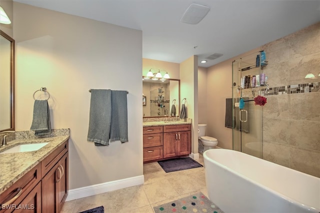 full bathroom with tile patterned floors, toilet, vanity, and shower with separate bathtub