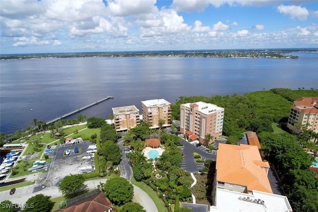 birds eye view of property featuring a water view