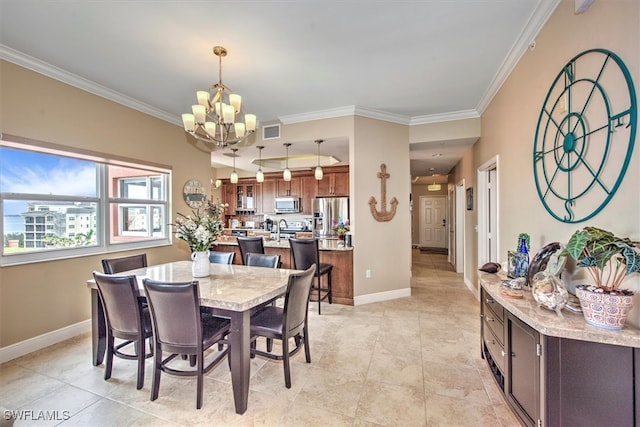 dining area with ornamental molding and an inviting chandelier