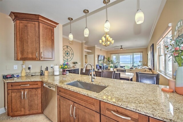 kitchen featuring pendant lighting, sink, stainless steel dishwasher, ceiling fan, and kitchen peninsula