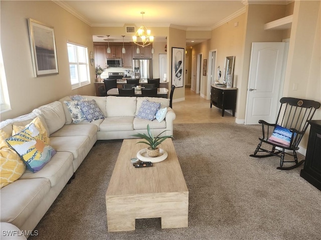 carpeted living room featuring baseboards, visible vents, a chandelier, and ornamental molding