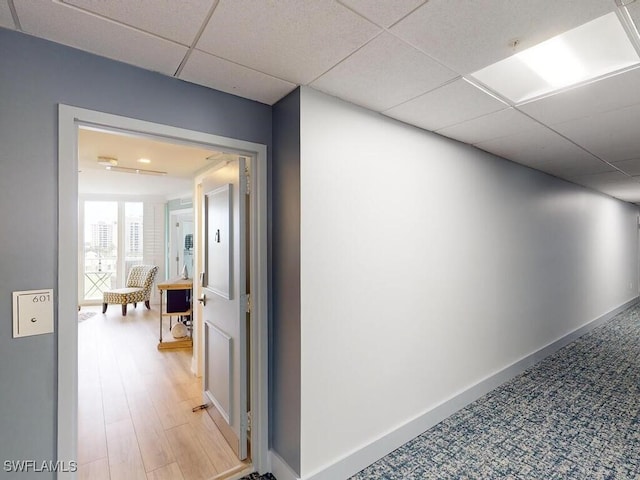 hall with a drop ceiling and hardwood / wood-style flooring