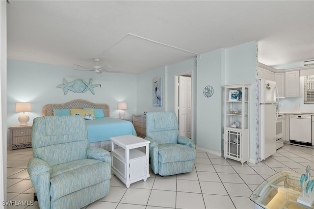 tiled bedroom featuring ceiling fan, connected bathroom, and white fridge