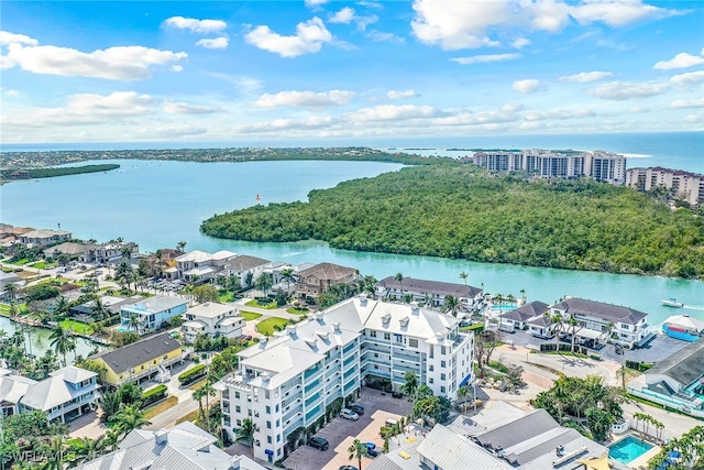 drone / aerial view featuring a water view