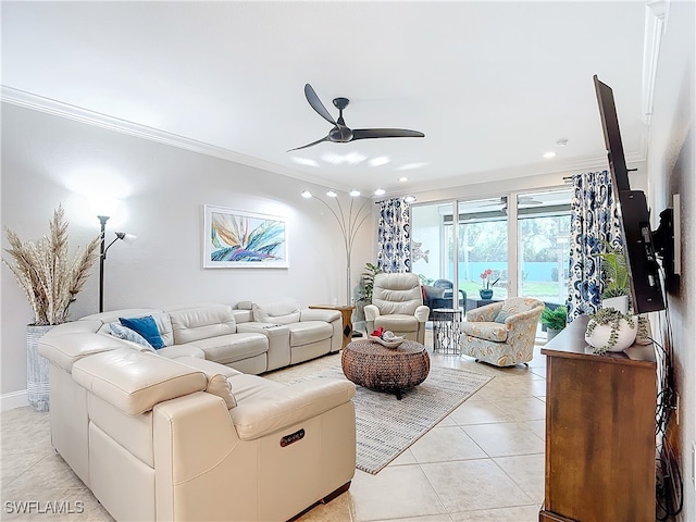 living room with ceiling fan, light tile patterned flooring, and crown molding