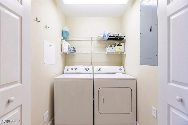 washroom with washer and dryer and electric panel