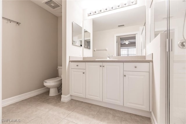 bathroom featuring tile patterned floors, toilet, a shower with shower door, vanity, and ceiling fan