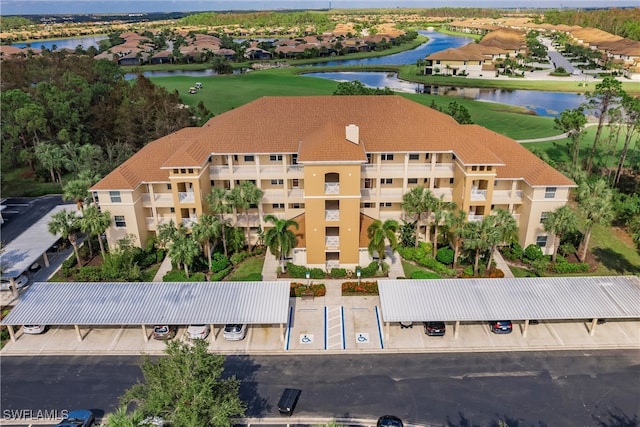 bird's eye view with a water view