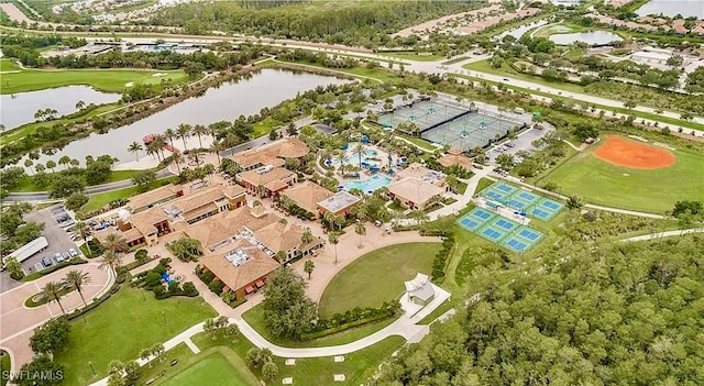 birds eye view of property featuring a water view