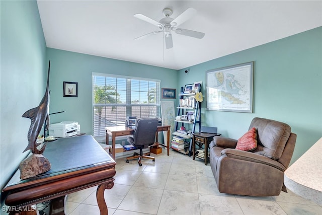 office featuring ceiling fan and light tile patterned floors