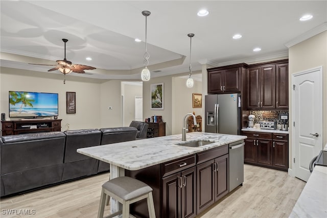 kitchen with a center island with sink, crown molding, sink, a tray ceiling, and stainless steel appliances