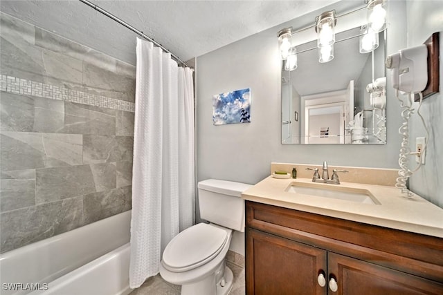 full bathroom with shower / bath combo with shower curtain, vanity, a textured ceiling, and toilet