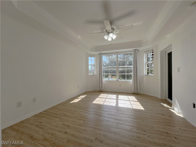 spare room with light wood-type flooring, ceiling fan, and crown molding