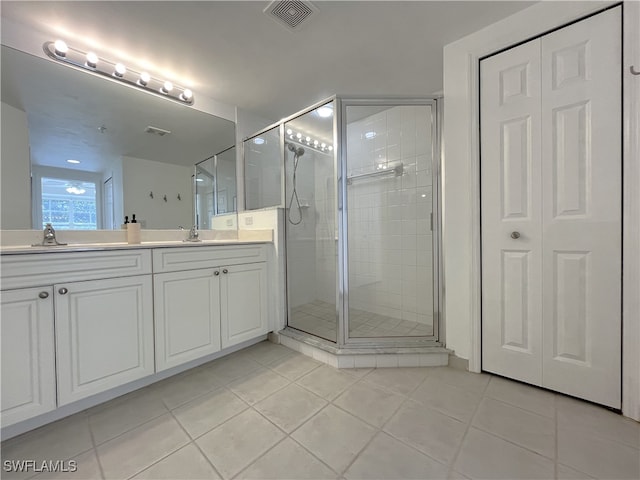 bathroom with tile patterned flooring, vanity, and an enclosed shower