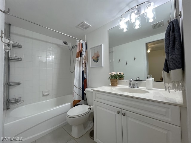 full bathroom with tile patterned flooring, shower / bath combination with curtain, vanity, and toilet