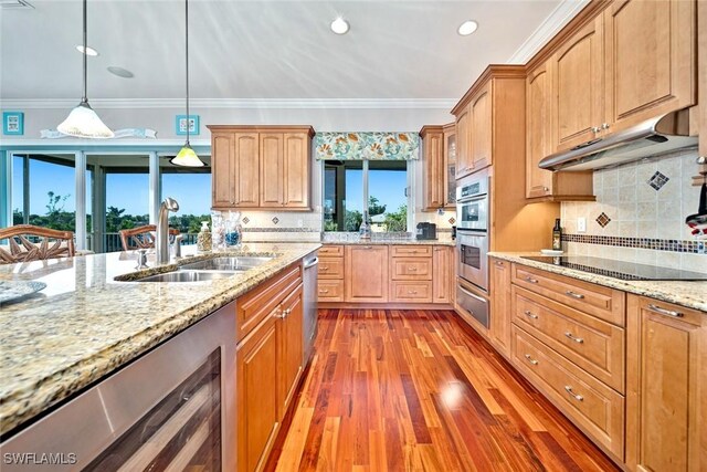 kitchen featuring hardwood / wood-style floors, sink, hanging light fixtures, light stone counters, and stainless steel appliances