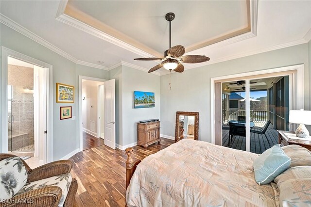 bedroom with access to exterior, ceiling fan, crown molding, connected bathroom, and dark hardwood / wood-style floors