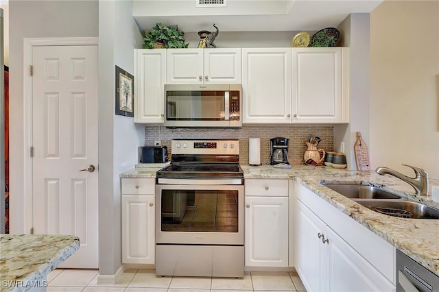 kitchen featuring white cabinets, backsplash, stainless steel appliances, and sink