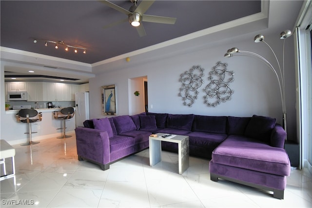 living room featuring a raised ceiling, ceiling fan, and ornamental molding