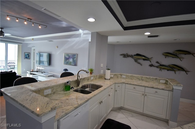 kitchen with dishwasher, sink, light stone counters, crown molding, and white cabinets