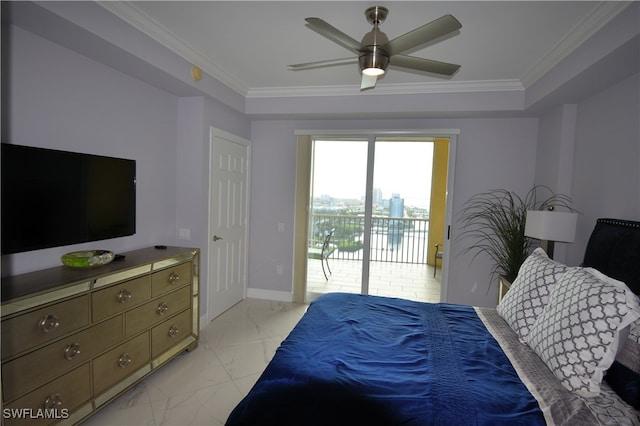 bedroom with access to outside, ceiling fan, and ornamental molding