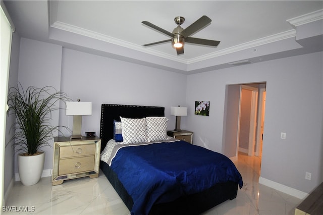 bedroom with ceiling fan and crown molding