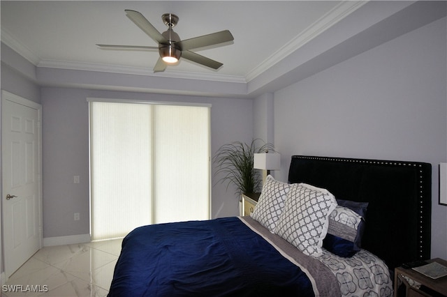 bedroom featuring ceiling fan and crown molding