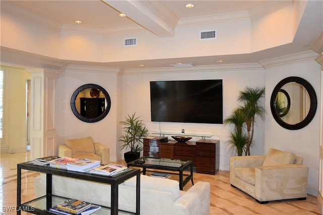 living room featuring beam ceiling, ornamental molding, and a high ceiling