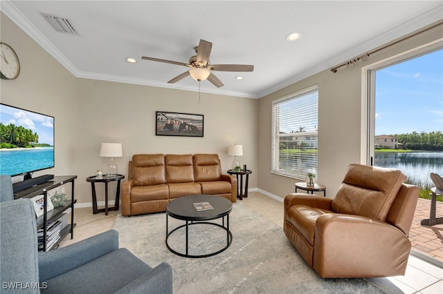 living room featuring ceiling fan, a water view, and ornamental molding