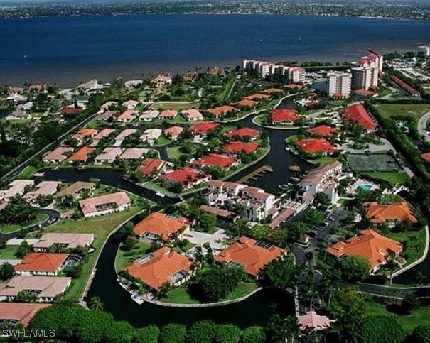 aerial view featuring a water view