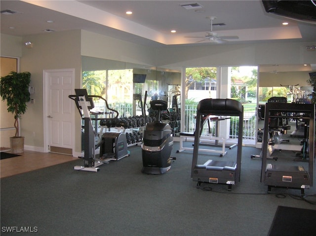 workout area with ceiling fan