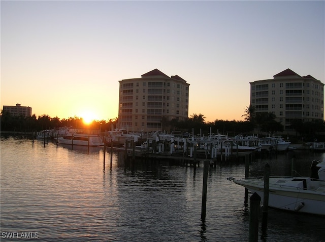 view of water feature with a boat dock