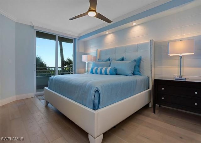 bedroom featuring ceiling fan, access to exterior, light wood-type flooring, and ornamental molding