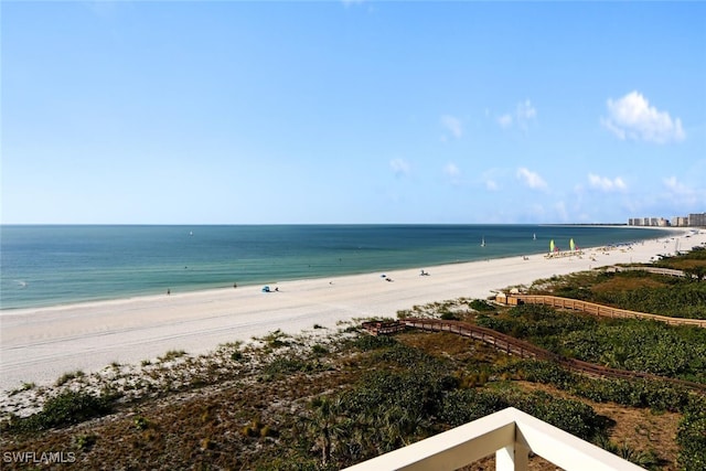 view of water feature with a beach view