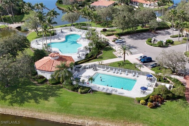 aerial view featuring a water view