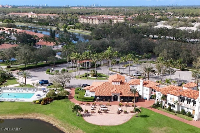 aerial view featuring a water view