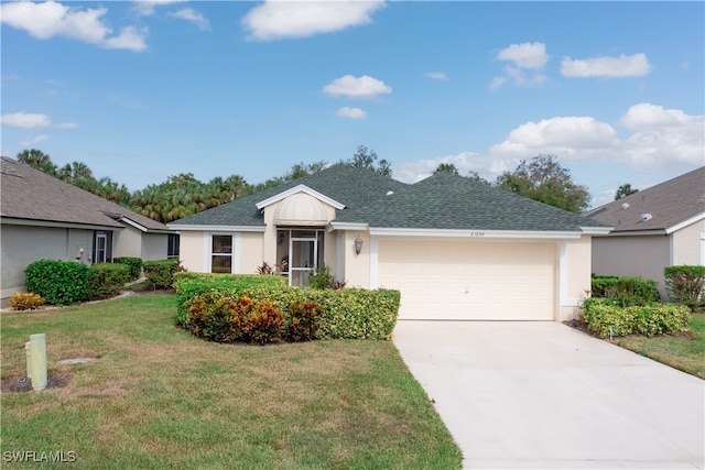 ranch-style house with a garage and a front yard