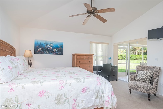 carpeted bedroom featuring access to outside, ceiling fan, and high vaulted ceiling