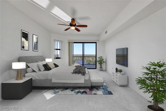 bedroom featuring ceiling fan, light carpet, and access to outside