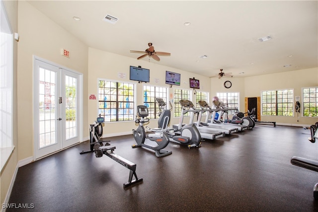 exercise room featuring french doors, ceiling fan, and plenty of natural light