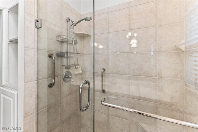 bathroom featuring a shower with shower door