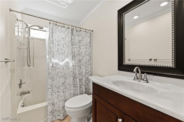 full bathroom featuring vanity, toilet, ornamental molding, and shower / tub combo with curtain