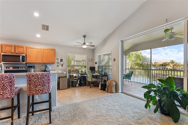 kitchen featuring plenty of natural light, a water view, stainless steel appliances, and vaulted ceiling