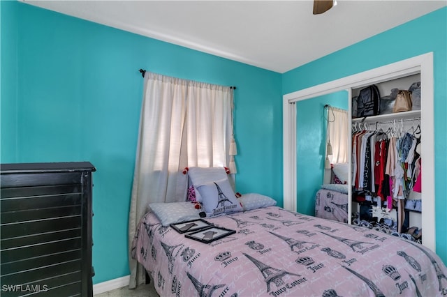 bedroom with ceiling fan, a closet, and carpet floors