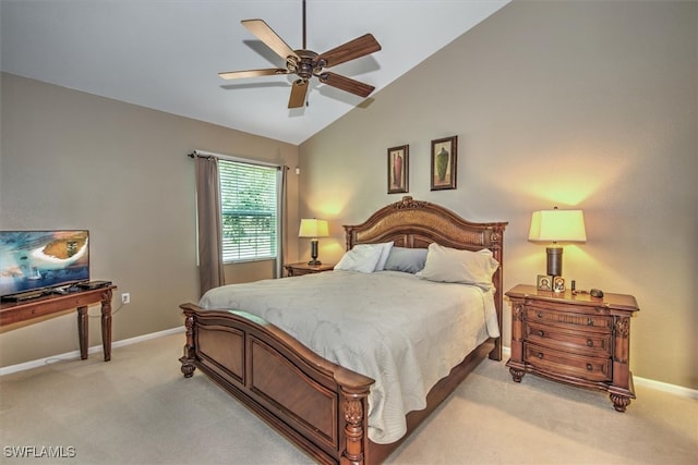 bedroom with ceiling fan, light carpet, and high vaulted ceiling